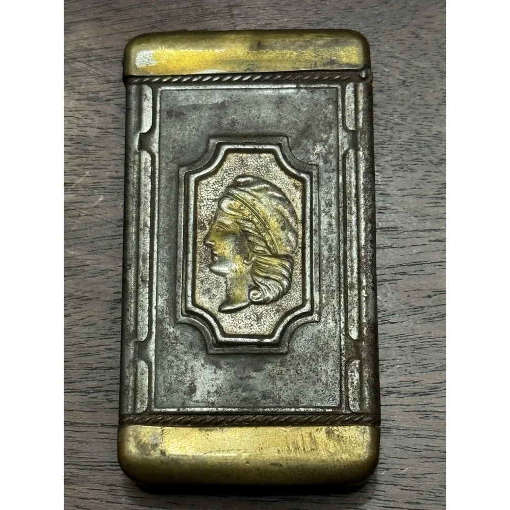 antique figural American Flag & lady silver plate metal vesta match  Box #3